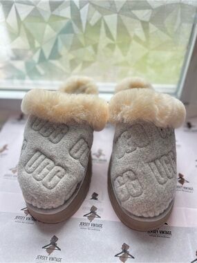 UGG Grey Wool Clog Slippers with Cream Sheepskin Cuff